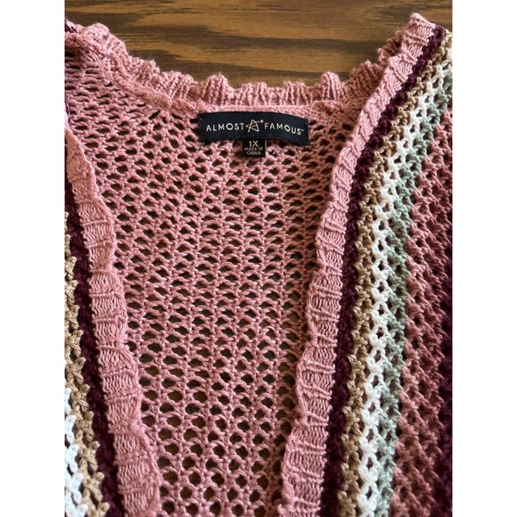 Almost Famous pink burgundy cream green knitted open front cardigan size 1X. - Picture 2 of 5